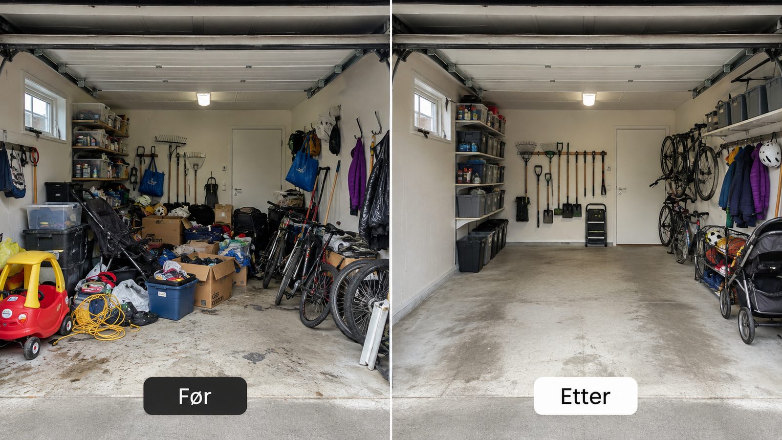 F&oslash;r og etter rydding av garasje: sykler, barnevogn og hageredskaper har f&aring;tt fast plass p&aring; vegg og hyller